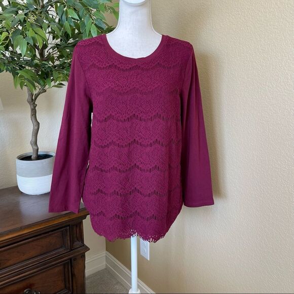 J. Crew Lace Front Burgundy Tee Shirt Top Long Sleeve Sz Large - Picture 2 of 3